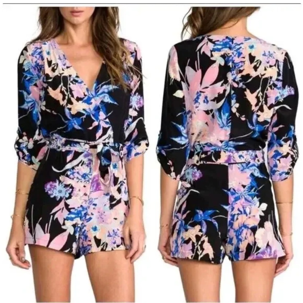 Yumi Kim Womens Small Black Floral Romper‎ 100% Silk Tropical Vacation